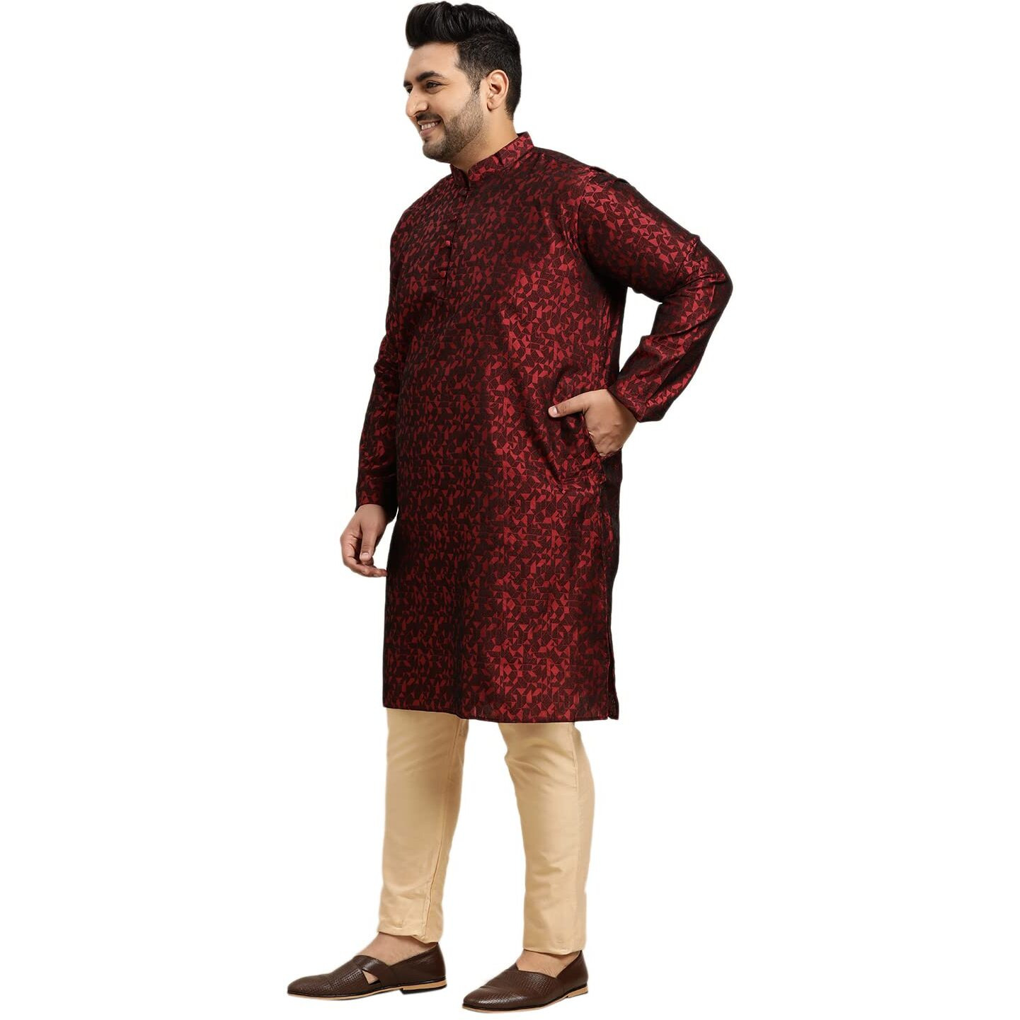 Sojanya Plus (Since 1958) Men's Silk Blend Maroon Self Design Only Long Kurta Size 46