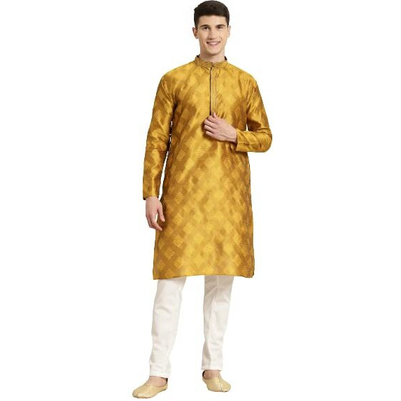 Sojanya Plus (Since 1958) Men's Jacquard Silk Mustard & Gold Only Long Kurta-Size 46