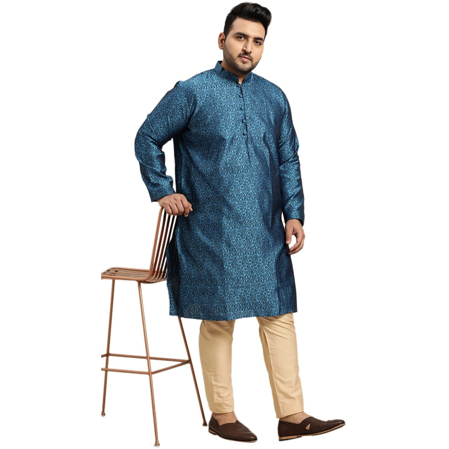Sojanya Plus (Since 1958) Men's Silk Blend Blue Self Design Only Long Kurta Size 46