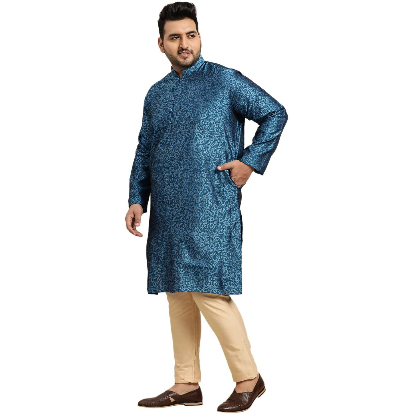 Sojanya Plus (Since 1958) Men's Silk Blend Blue Self Design Only Long Kurta Size 46
