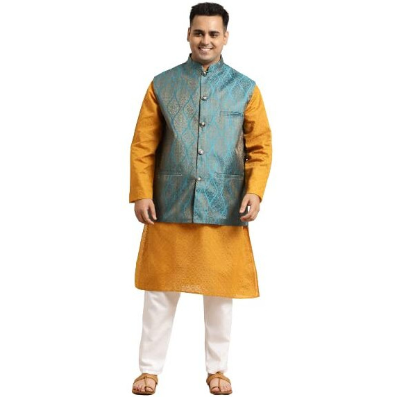 Sojanya (Since 1958 Men's Pure Cotton Mustard Chikankari Kurta & Teal Blue Nehrujacket With White Churidar Pyjama Set Size-5Xl