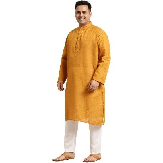 Sojanya (Since 1958 Men's Pure Cotton Mustard Chikankari Kurta & Teal Blue Nehrujacket With White Churidar Pyjama Set Size-5Xl