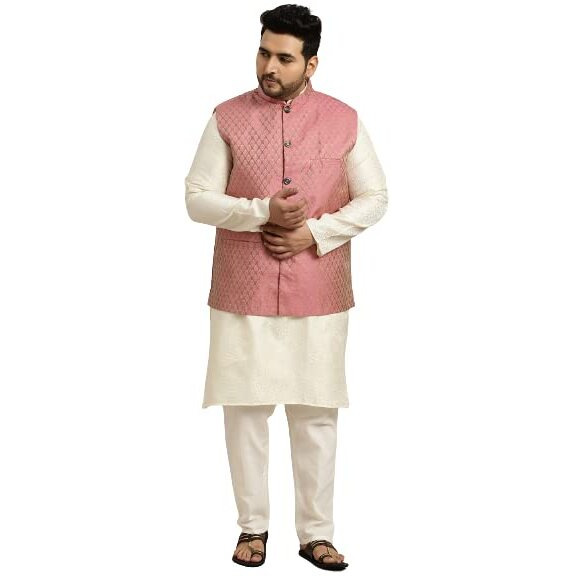 Sojanya (Since 1958 Men's Silk Blend Cream Kurta & Pink Nehrujacket With Off White Churidar Pyjama Set Size-5Xl