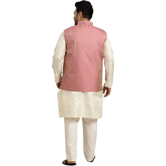 Sojanya (Since 1958 Men's Silk Blend Cream Kurta & Pink Nehrujacket With Off White Churidar Pyjama Set Size-5Xl