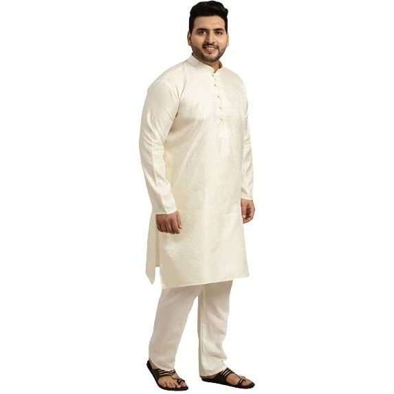 Sojanya (Since 1958 Men's Silk Blend Cream Kurta & Pink Nehrujacket With Off White Churidar Pyjama Set Size-5Xl