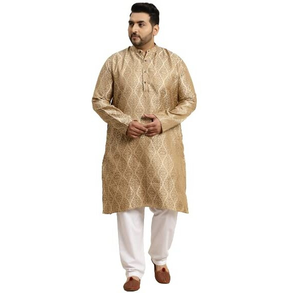 Sojanya (Since 1958 Men's Jacquard Silk Beige & Gold Kurta & Off-White Churidar Pyjama Set Size-Xxl