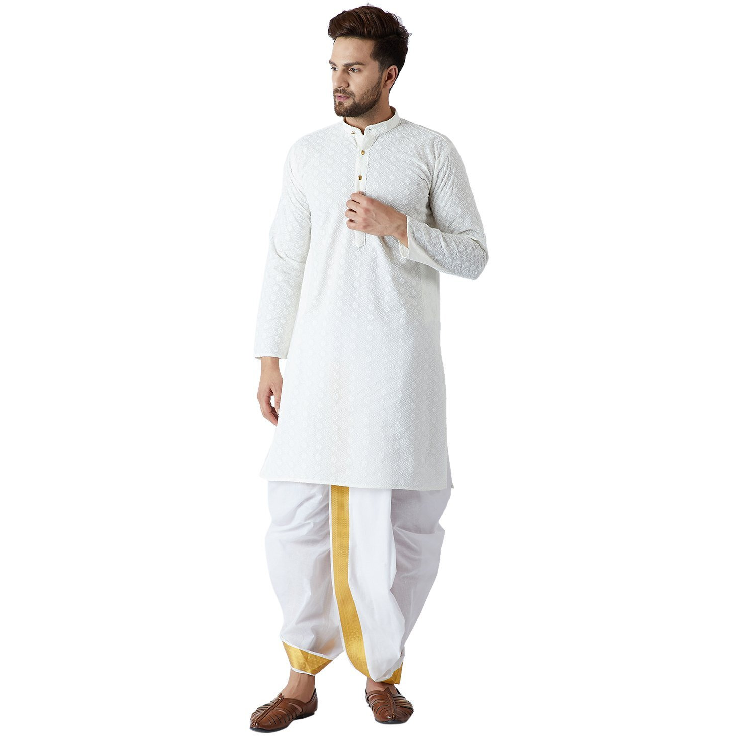 Sojanya (Since 1958, Men's Cream & White Pure Cotton Kurta Dhoti Set, Size L