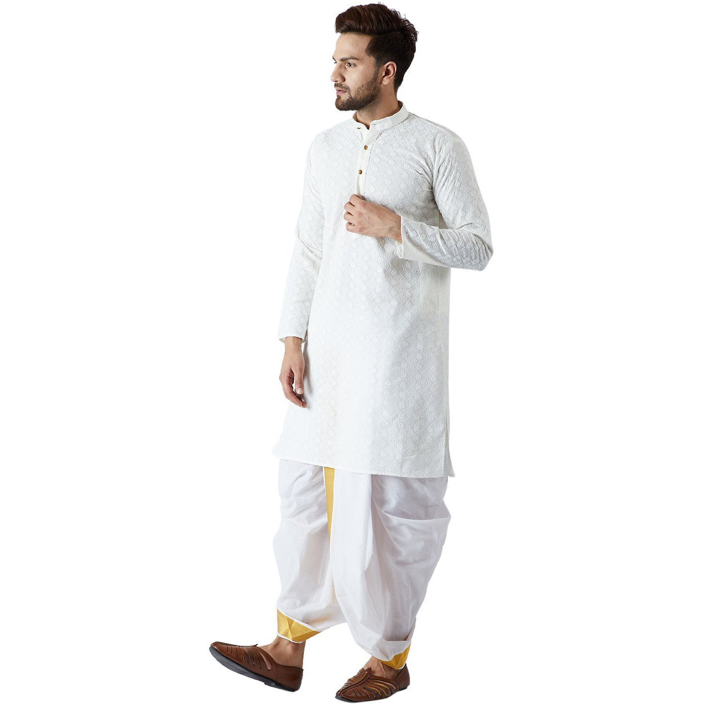 Sojanya (Since 1958, Men's Cream & White Pure Cotton Kurta Dhoti Set, Size L