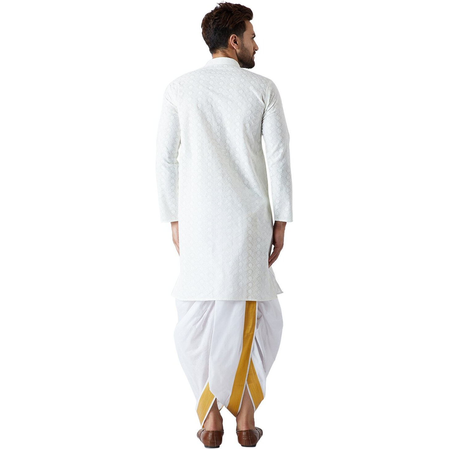 Sojanya (Since 1958, Men's Cream & White Pure Cotton Kurta Dhoti Set, Size L