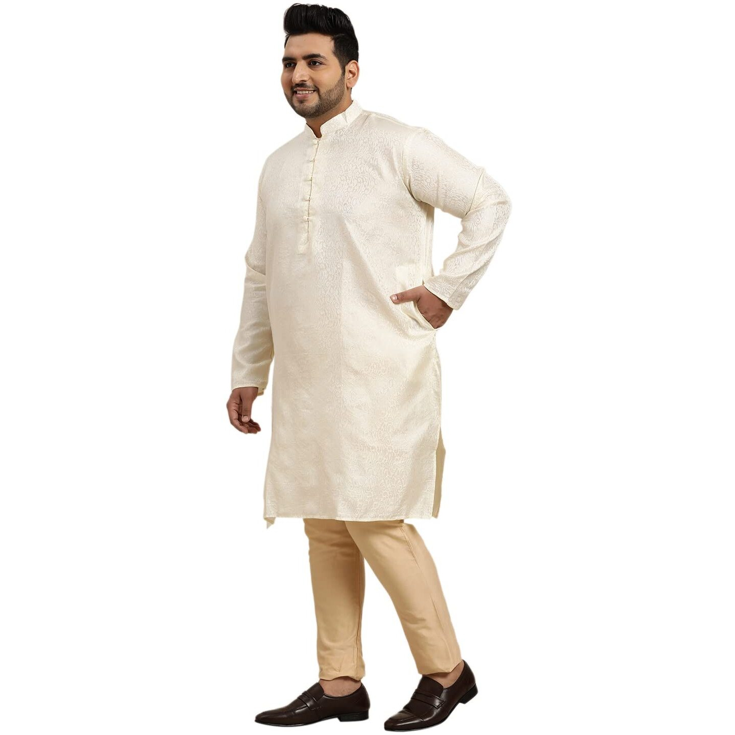 Sojanya Plus (Since 1958) Men's Silk Blend Cream Self Design Only Long Kurta Size 52