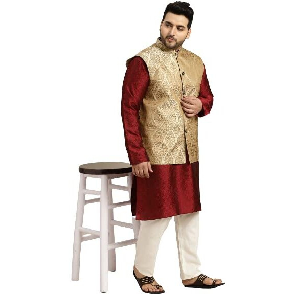 Sojanya (Since 1958 Men's Silk Blend Maroon Kurta & Beige Nehrujacket Off White Churidar Pyjama Set Size-4Xl