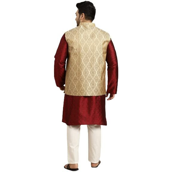 Sojanya (Since 1958 Men's Silk Blend Maroon Kurta & Beige Nehrujacket Off White Churidar Pyjama Set Size-4Xl