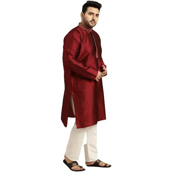 Sojanya (Since 1958 Men's Silk Blend Maroon Kurta & Beige Nehrujacket Off White Churidar Pyjama Set Size-4Xl