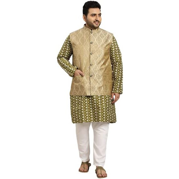 Sojanya (Since 1958 Men's Silk Blend Dark Green Embroidered Kurta & Self Design Nehru Jacket With White Churidar Set Size-7Xl