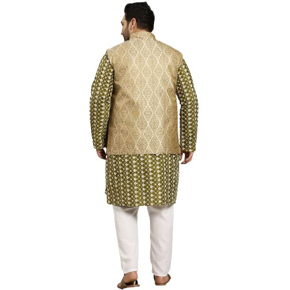 Sojanya (Since 1958 Men's Silk Blend Dark Green Embroidered Kurta & Self Design Nehru Jacket With White Churidar Set Size-7Xl