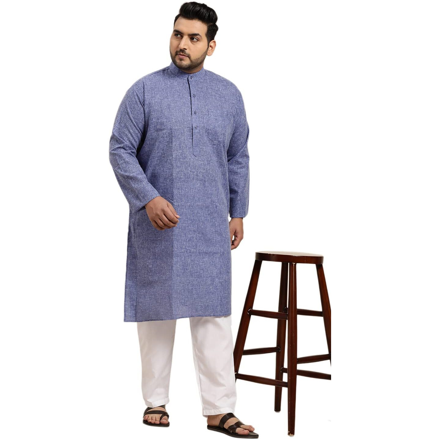 Sojanya Plus (Since 1958) Men's Cotton Linen Indigo Blue Only Long Kurta Size 44