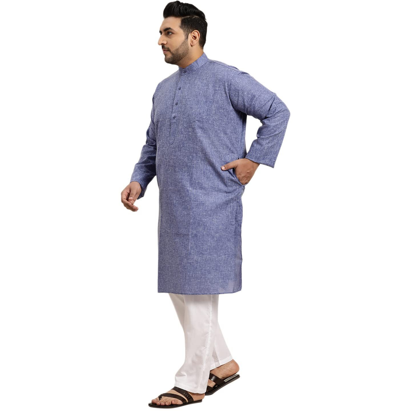 Sojanya Plus (Since 1958) Men's Cotton Linen Indigo Blue Only Long Kurta Size 44
