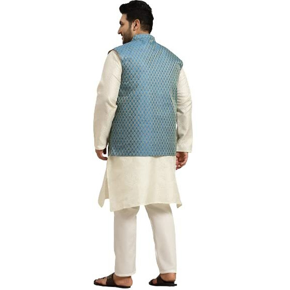 Sojanya (Since 1958 Men's Silk Blend Cream Kurta & Peacock Blue Nehrujacket With Off White Churidar Pyjama Set Size-7Xl