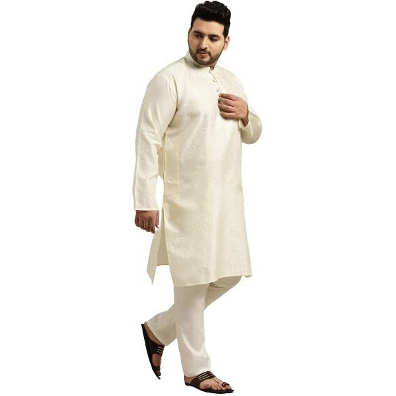 Sojanya (Since 1958 Men's Silk Blend Cream Kurta & Peacock Blue Nehrujacket With Off White Churidar Pyjama Set Size-7Xl