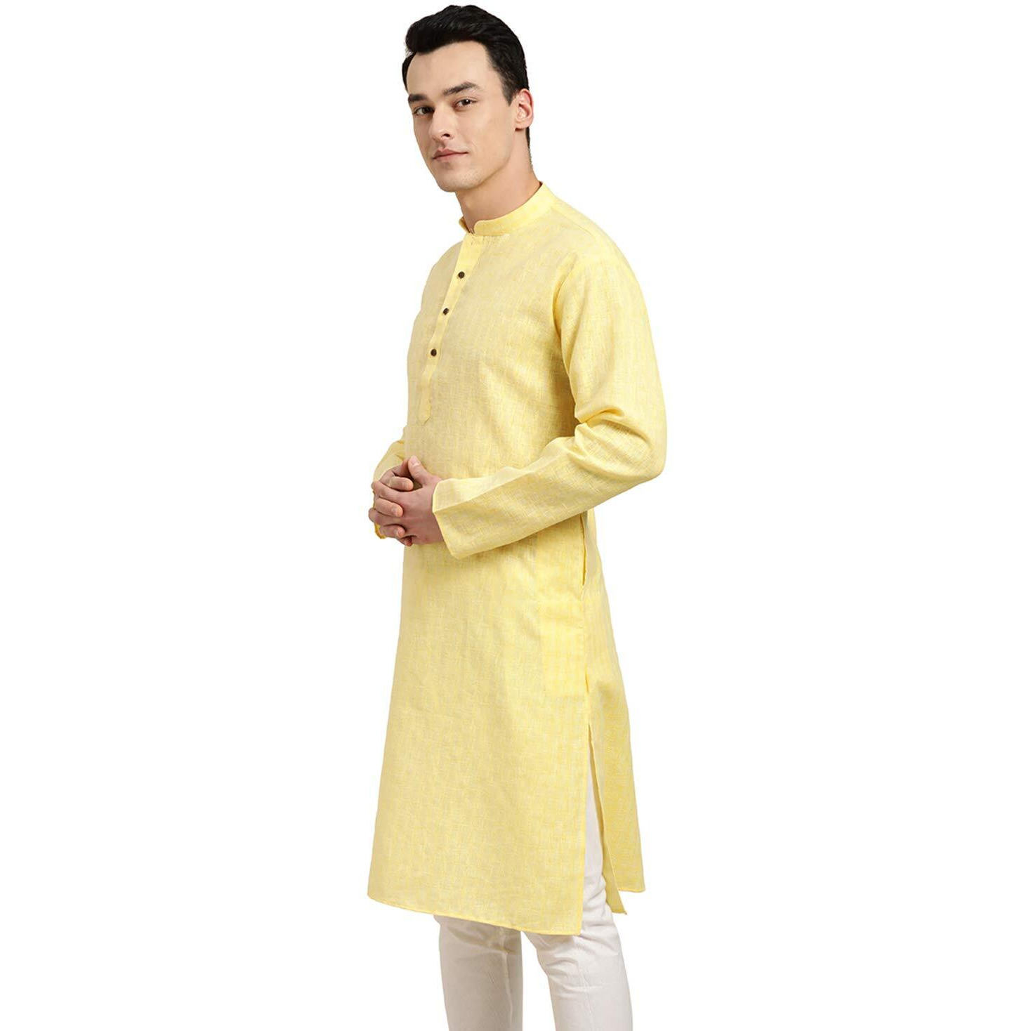 Sojanya (Since 1958 Men's Cotton Linen Yellow Checked Only Long Kurta Size 38