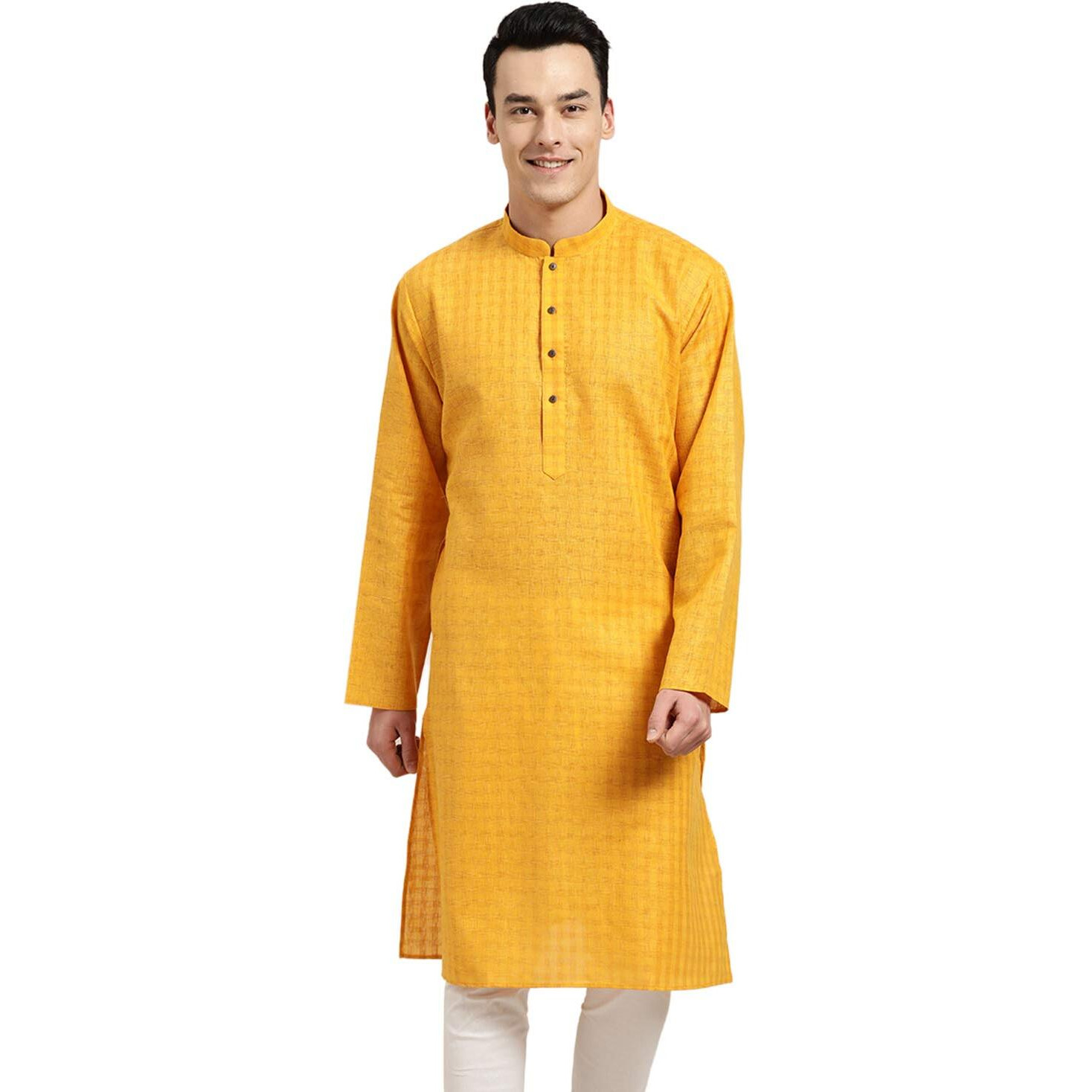 Sojanya (Since 1958 Men's Cotton Linen Checkered Long Kurta (Mustard 40)