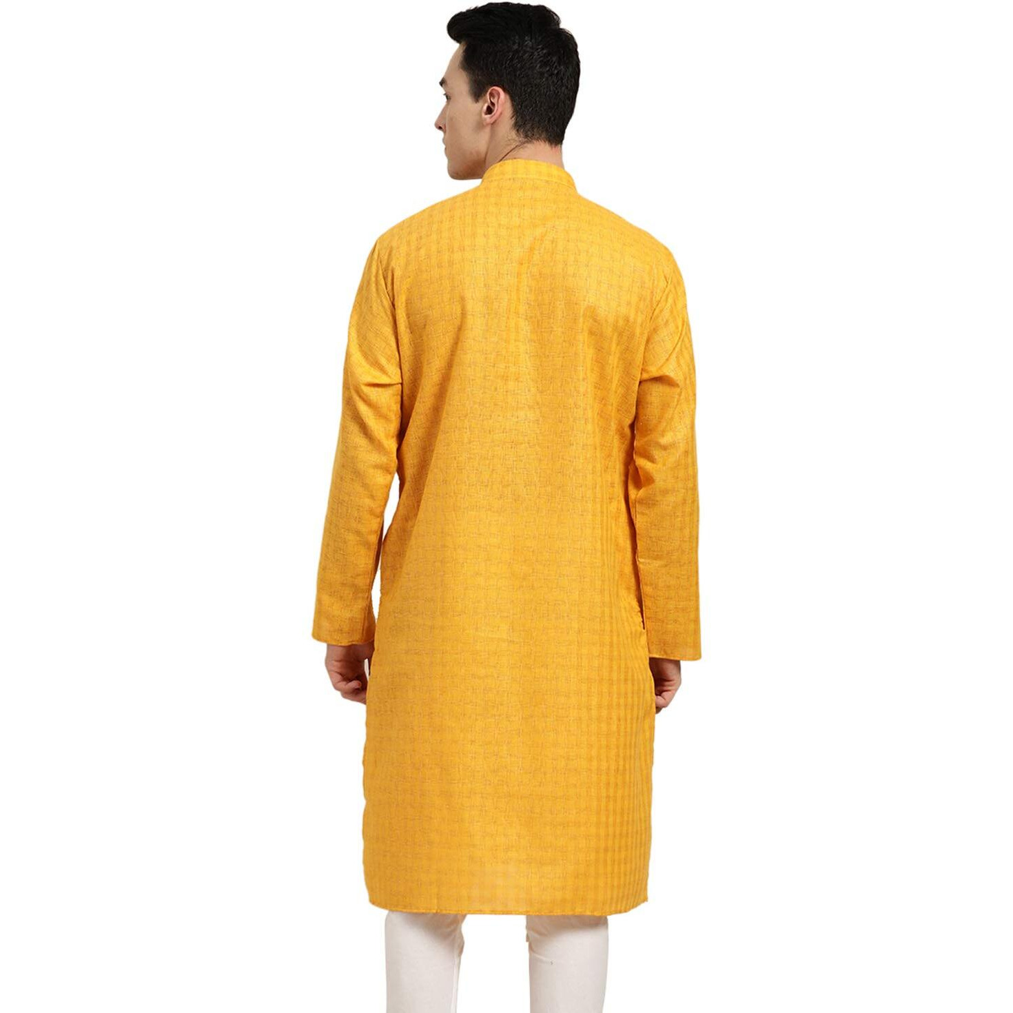 Sojanya (Since 1958 Men's Cotton Linen Checkered Long Kurta (Mustard 40)