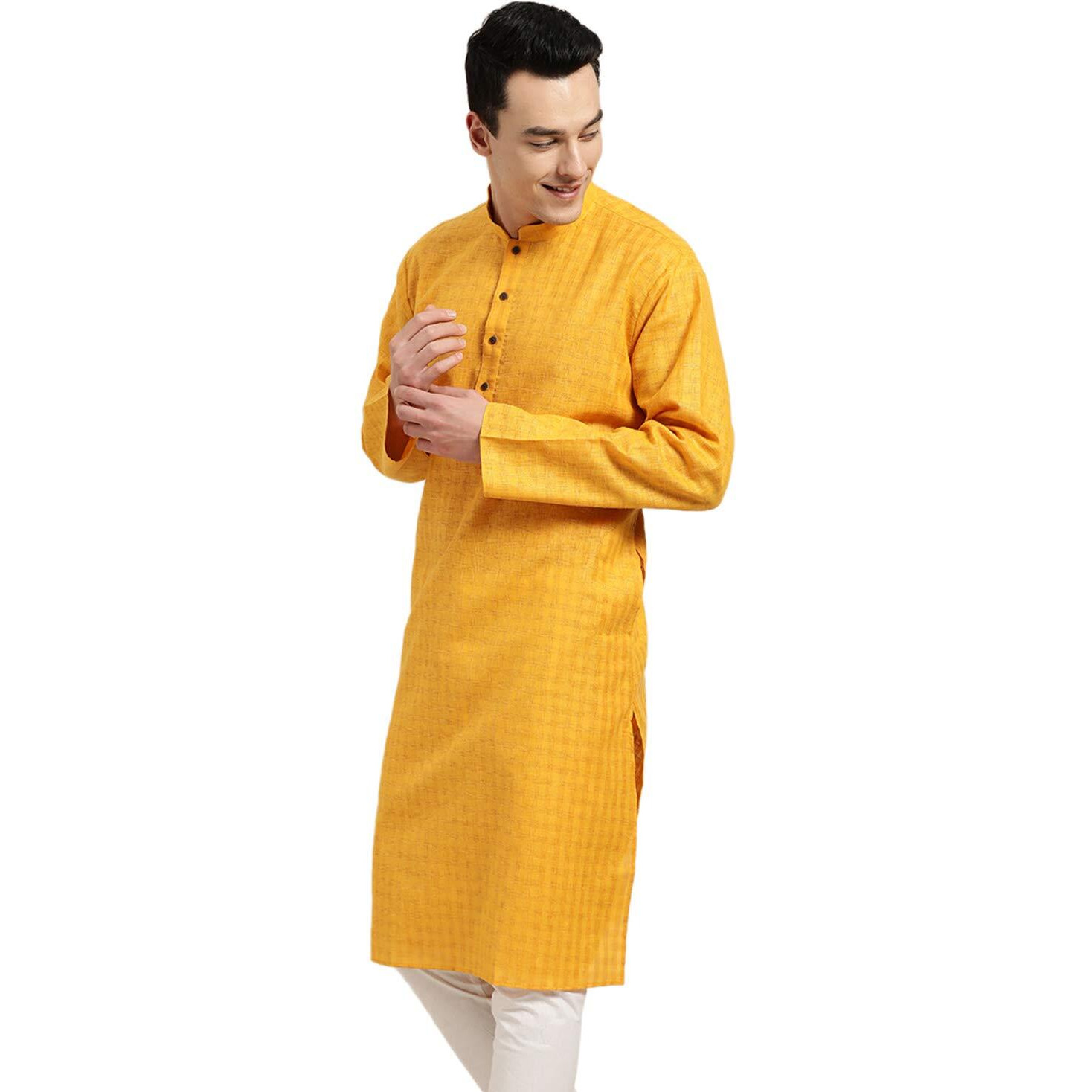 Sojanya (Since 1958 Men's Cotton Linen Checkered Long Kurta (Mustard 40)