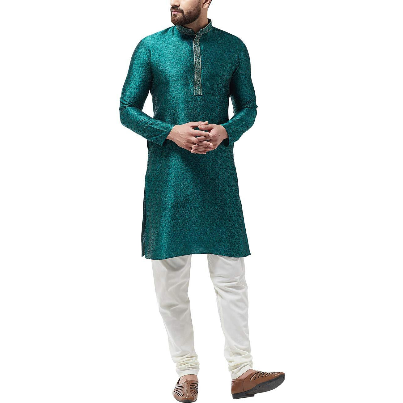Sojanya (Since 1958 Men's Silk Blend Teal Green Kurta And Off White Churidar Pyjama Set