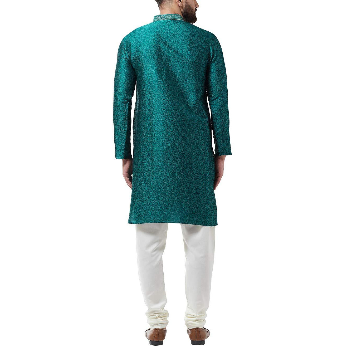 Sojanya (Since 1958 Men's Silk Blend Teal Green Kurta And Off White Churidar Pyjama Set