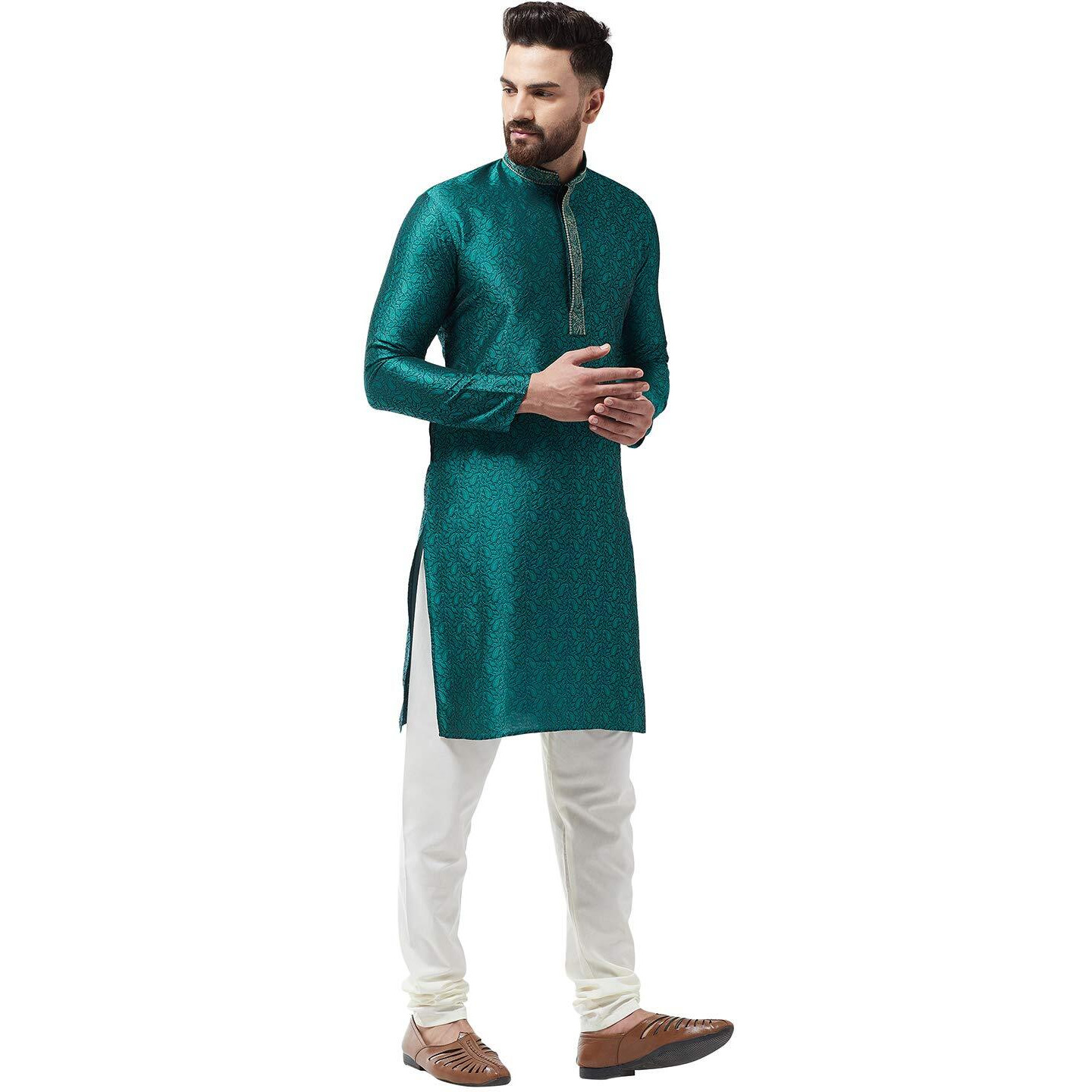 Sojanya (Since 1958 Men's Silk Blend Teal Green Kurta And Off White Churidar Pyjama Set