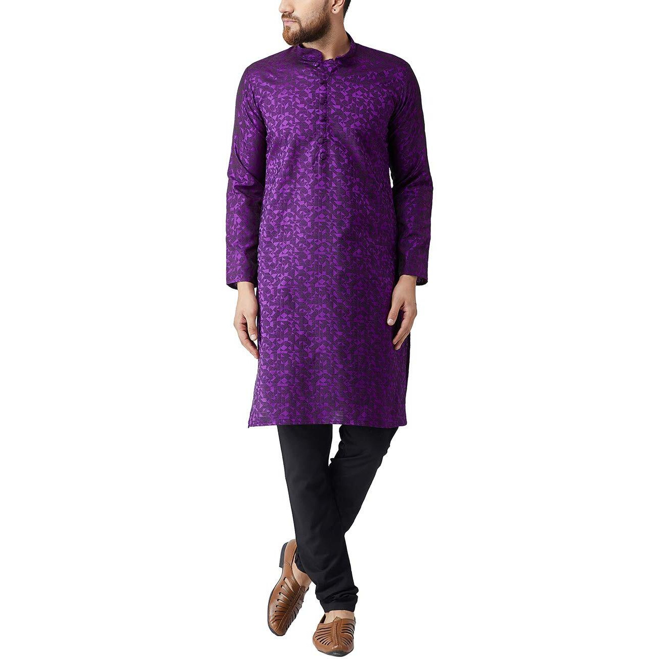 Sojanya (Since 1958 Men's Violet Jacquard Silk Only Long Kurta Size Xl