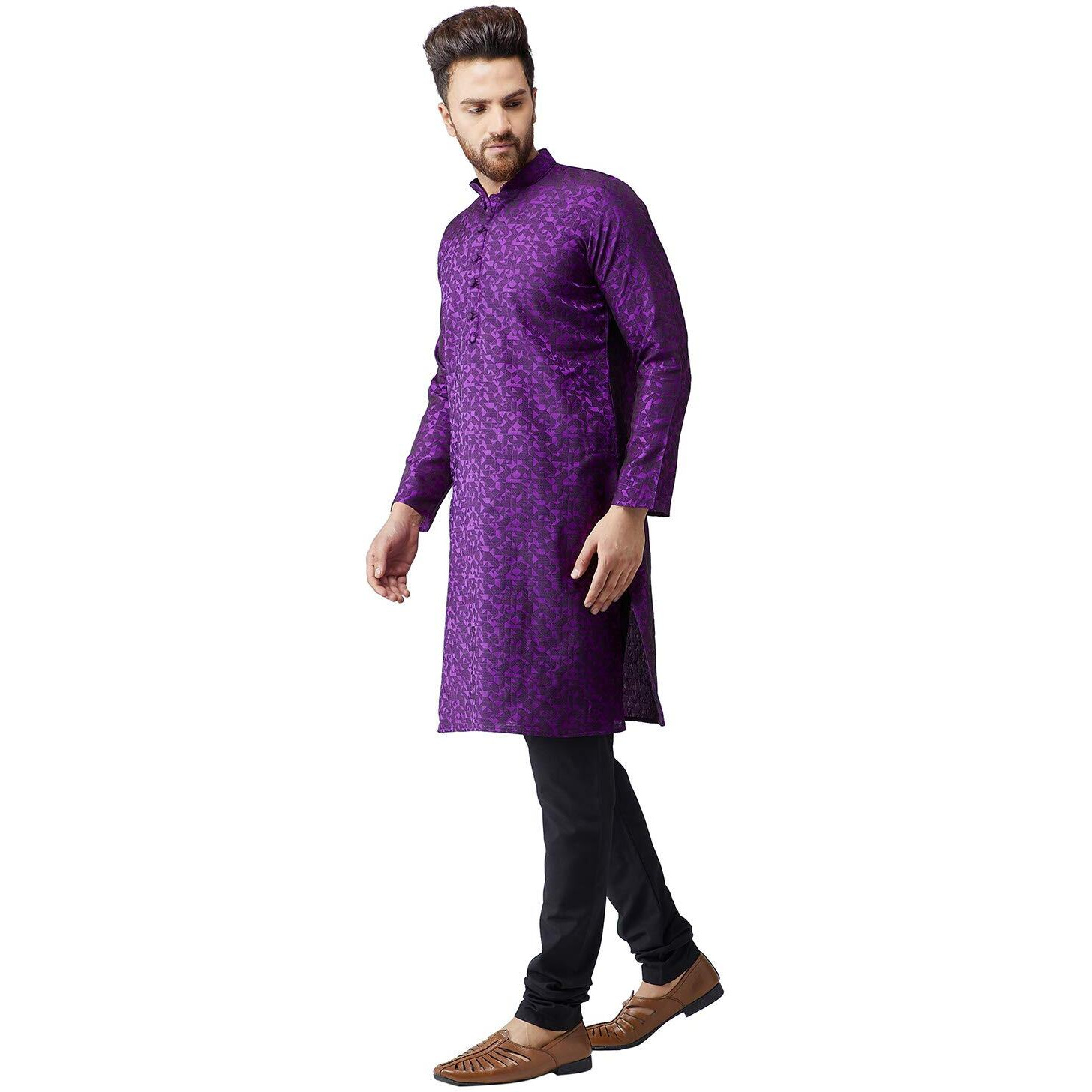 Sojanya (Since 1958 Men's Violet Jacquard Silk Only Long Kurta Size Xl