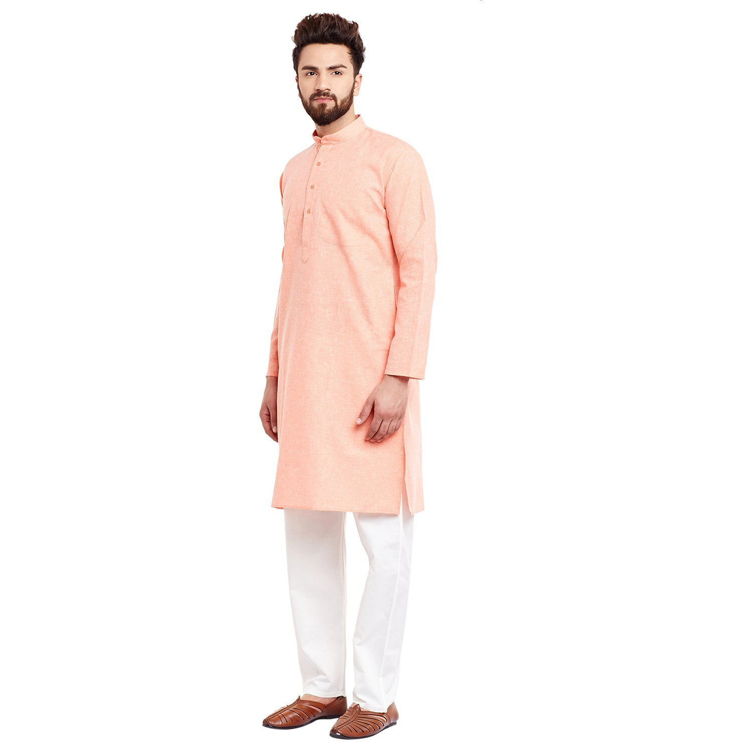 Sojanya (Since 1958 Men's Orange & Off-White Cotton Kurta & Churidar Pyjama Set Size Xl