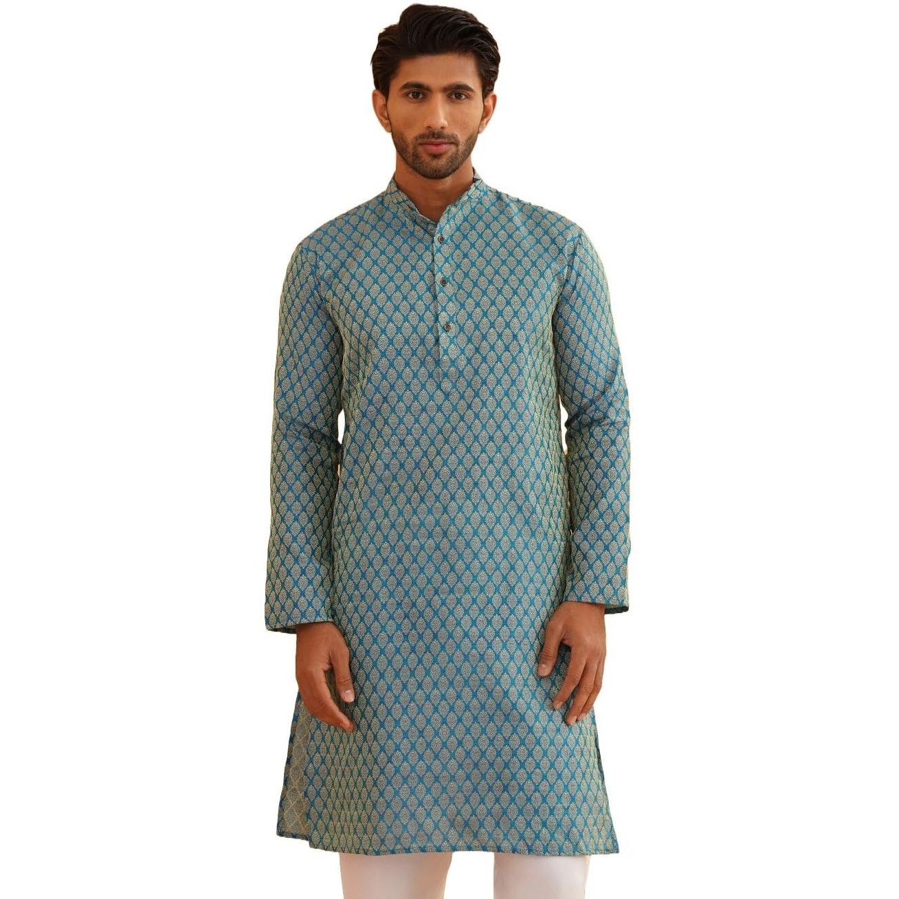 Sojanya (Since 1958 Men's Jacquard Silk Peacock Blue Self Design Only Kurta Size 38