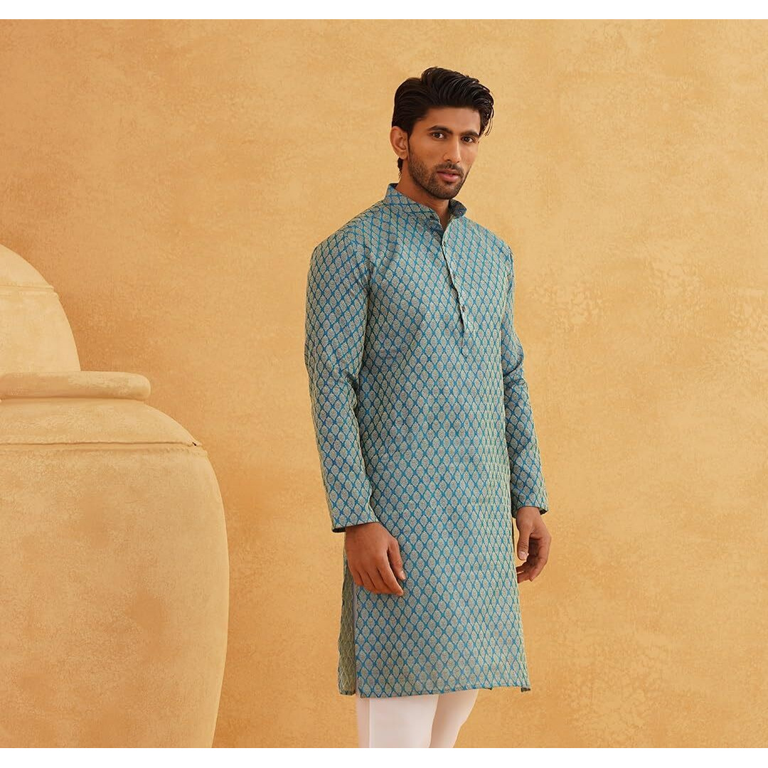 Sojanya (Since 1958 Men's Jacquard Silk Peacock Blue Self Design Only Kurta Size 38