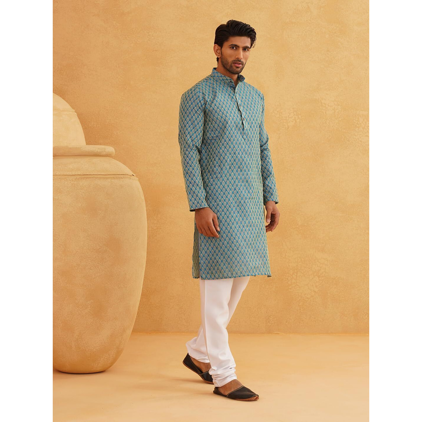 Sojanya (Since 1958 Men's Jacquard Silk Peacock Blue Self Design Only Kurta Size 38