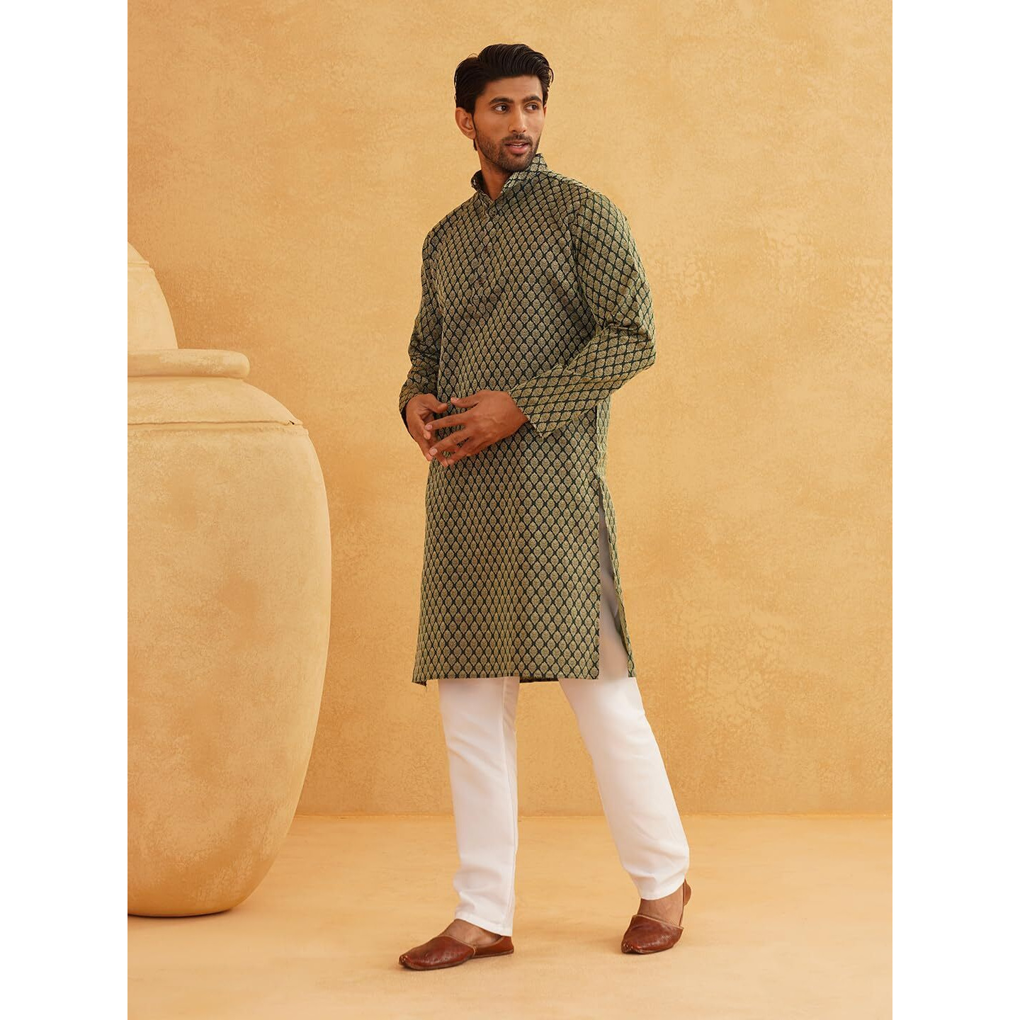 Sojanya (Since 1958 Men's Jacquard Silk Dark Green Self Design Only Kurta Size 36