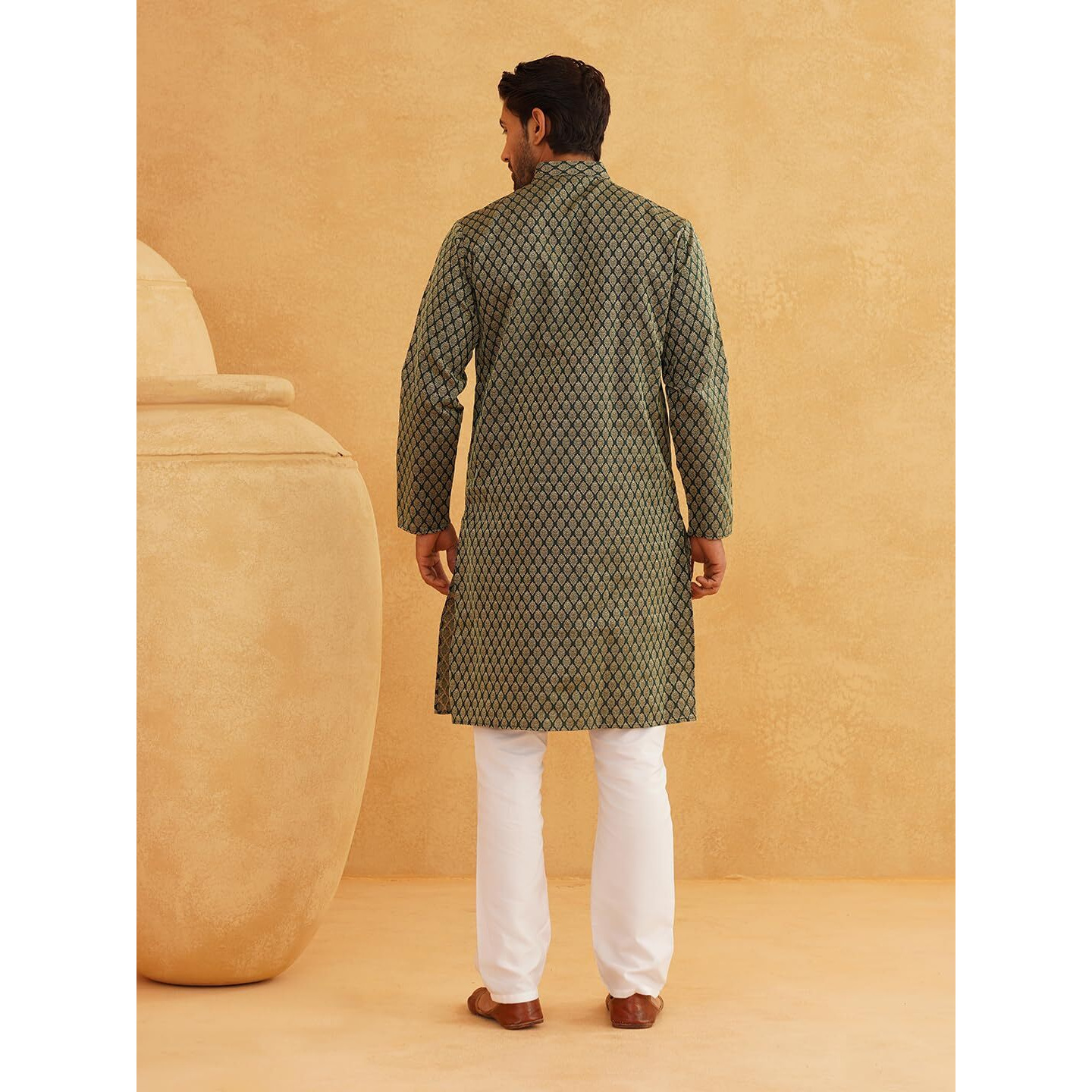 Sojanya (Since 1958 Men's Jacquard Silk Dark Green Self Design Only Kurta Size 36
