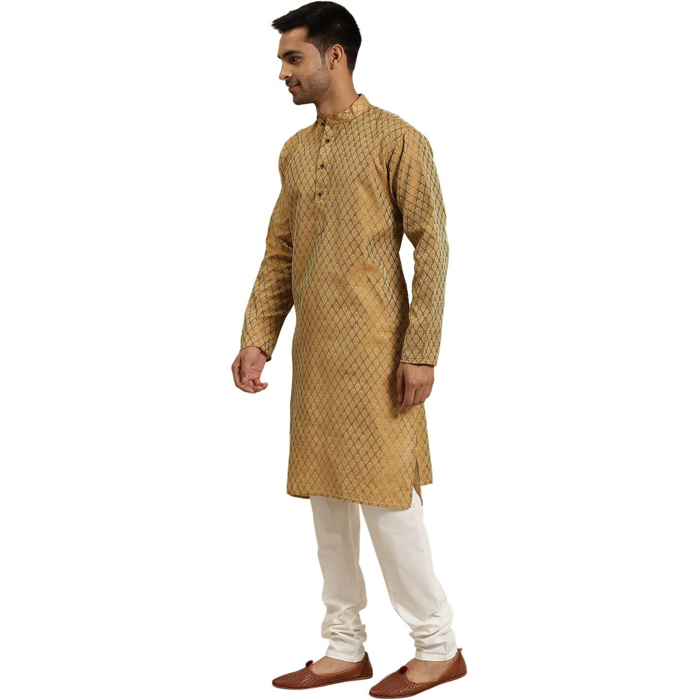Sojanya (Since 1958 Men's Jacquard Silk Mustard Self Design Only Kurta Size 36