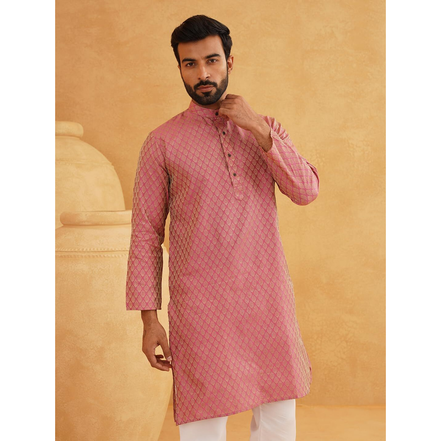 Sojanya (Since 1958 Men's Jacquard Silk Pink Self Design Only Kurta Size 38