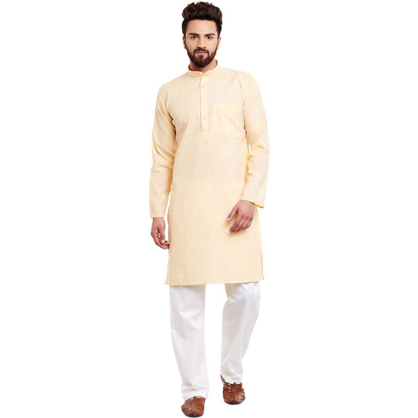 Sojanya (Since 1958 Men's Yellow & Off-White Cotton Kurta & Churidar Pyjama Set