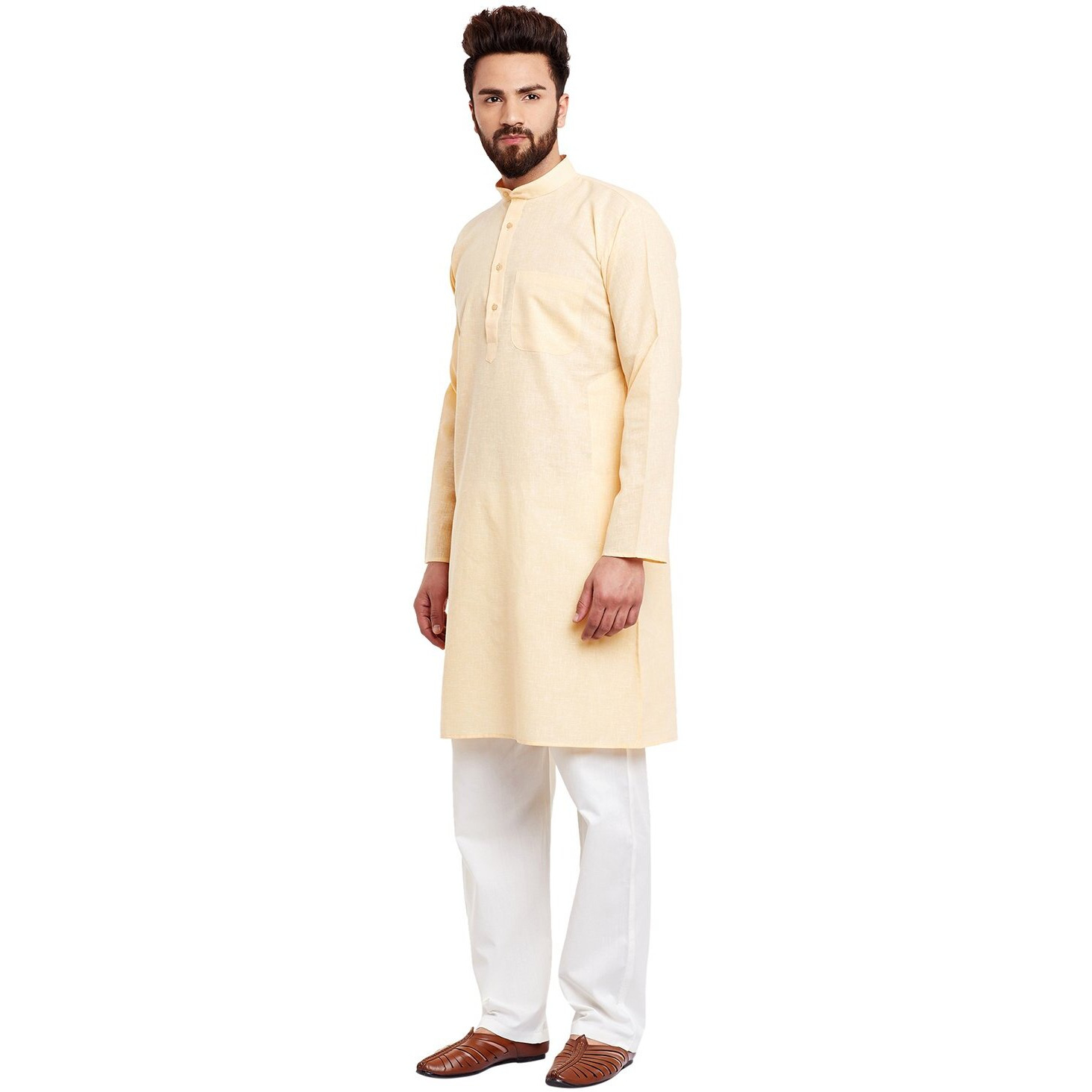 Sojanya (Since 1958 Men's Yellow & Off-White Cotton Kurta & Churidar Pyjama Set
