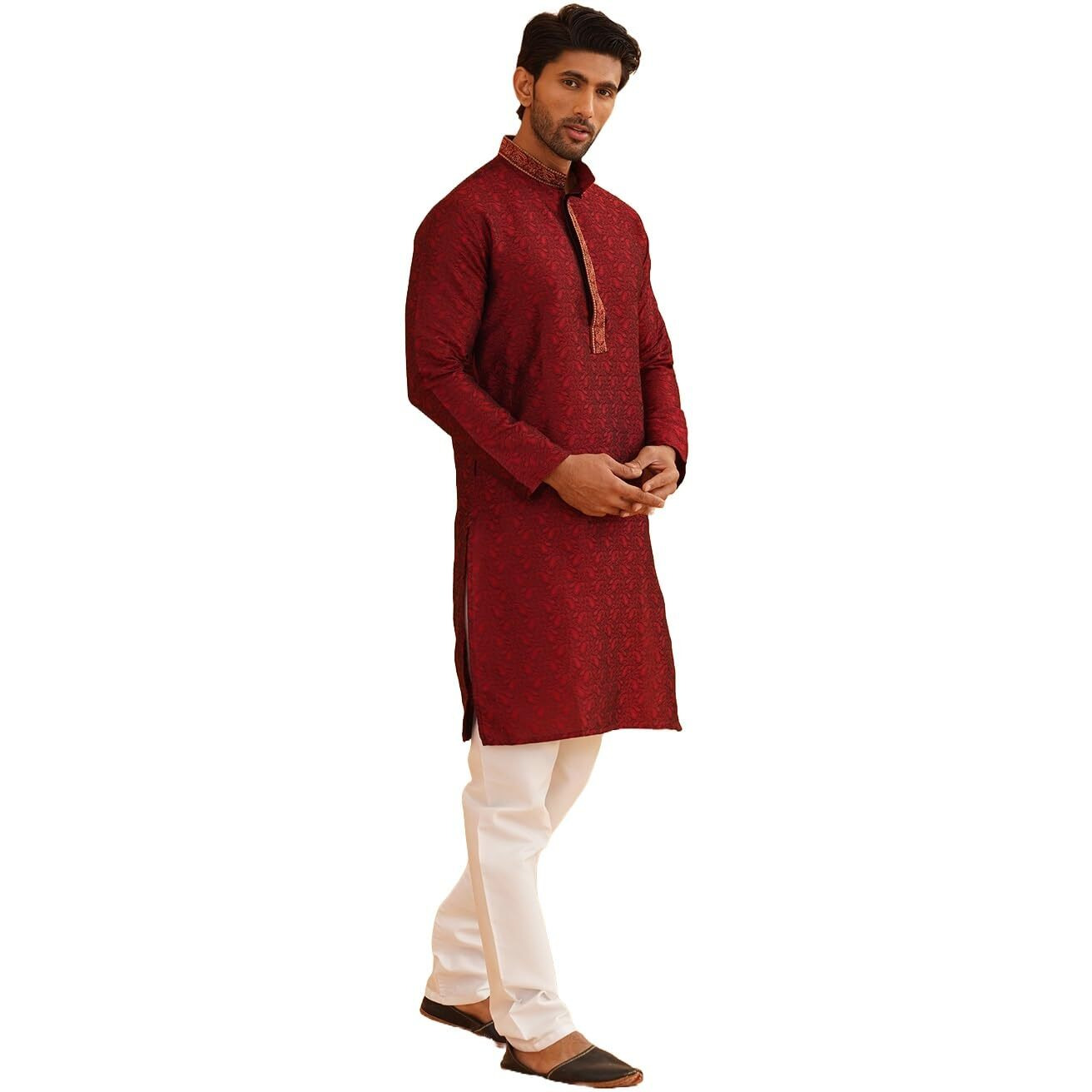 Sojanya (Since 1958 Men's Silk Blend Maroon Kurta And Off White Churidar Pyjama Set Size 40