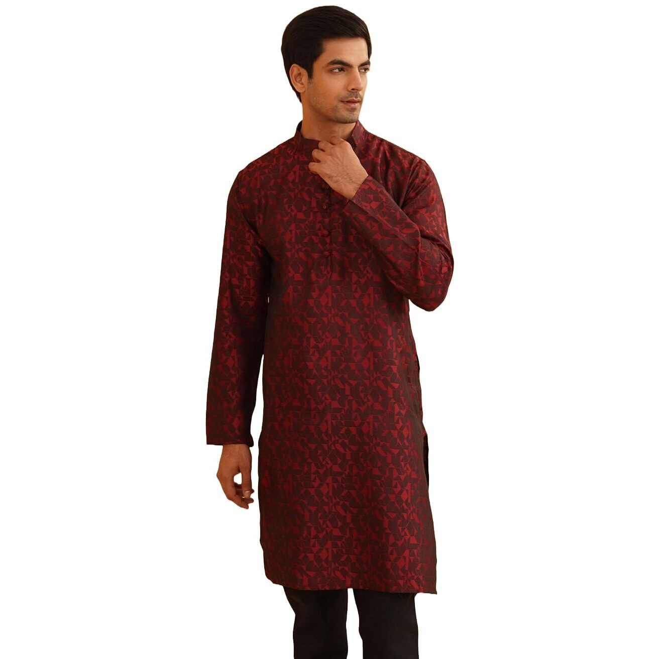 Sojanya (Since 1958 Men's Maroon Jacquard Silk Only Long Kurta Size M