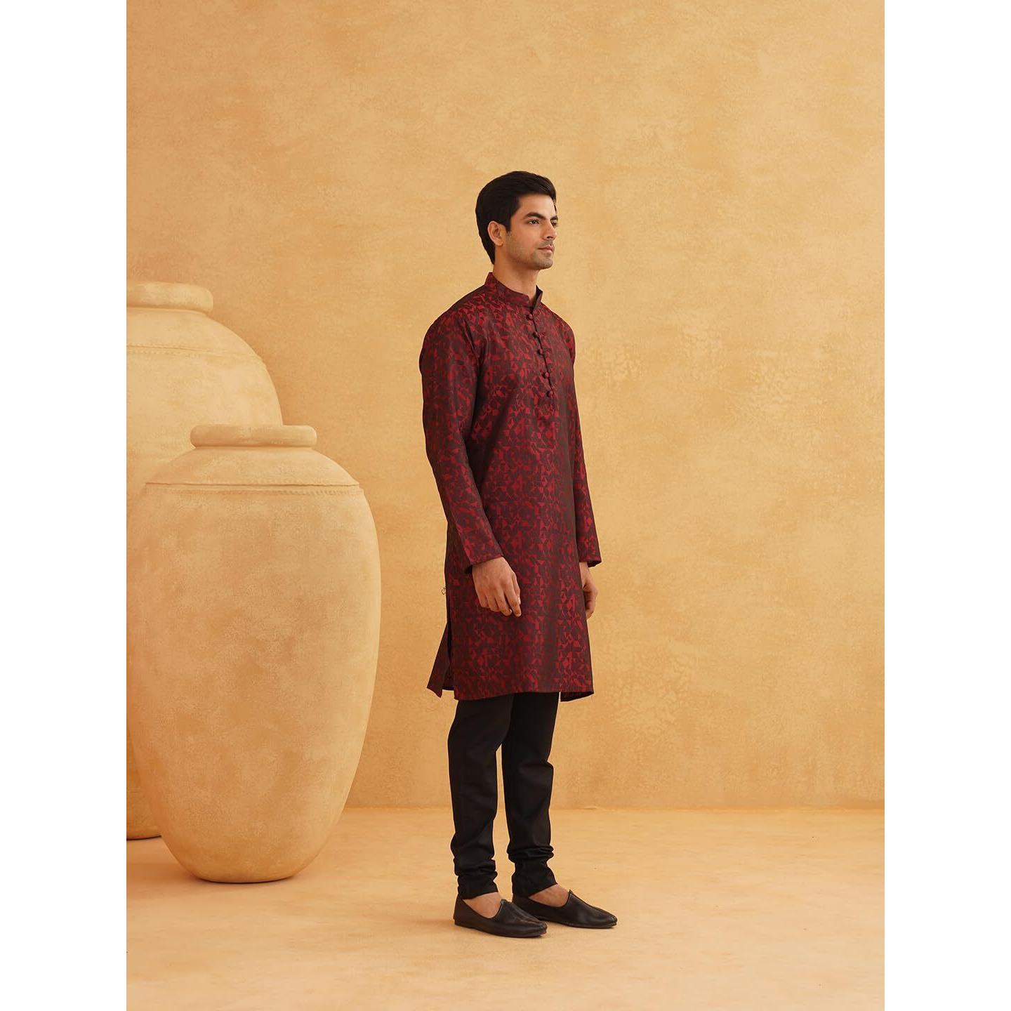 Sojanya (Since 1958 Men's Maroon Jacquard Silk Only Long Kurta Size M