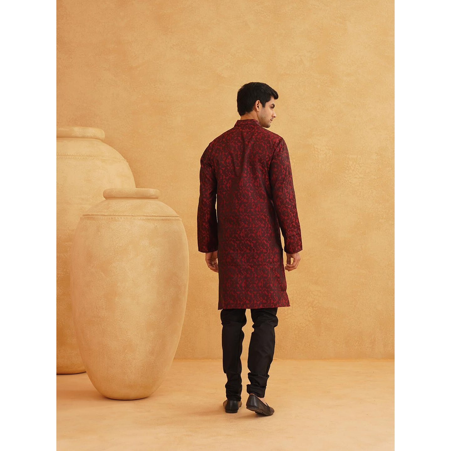 Sojanya (Since 1958 Men's Maroon Jacquard Silk Only Long Kurta Size M