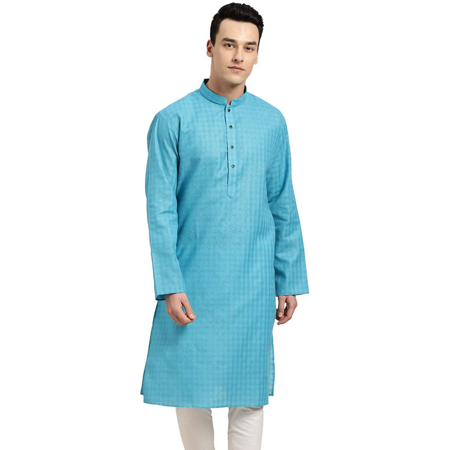Sojanya (Since 1958 Men's Cotton Linen Peacock Blue Checked Only Long Kurta Size 36