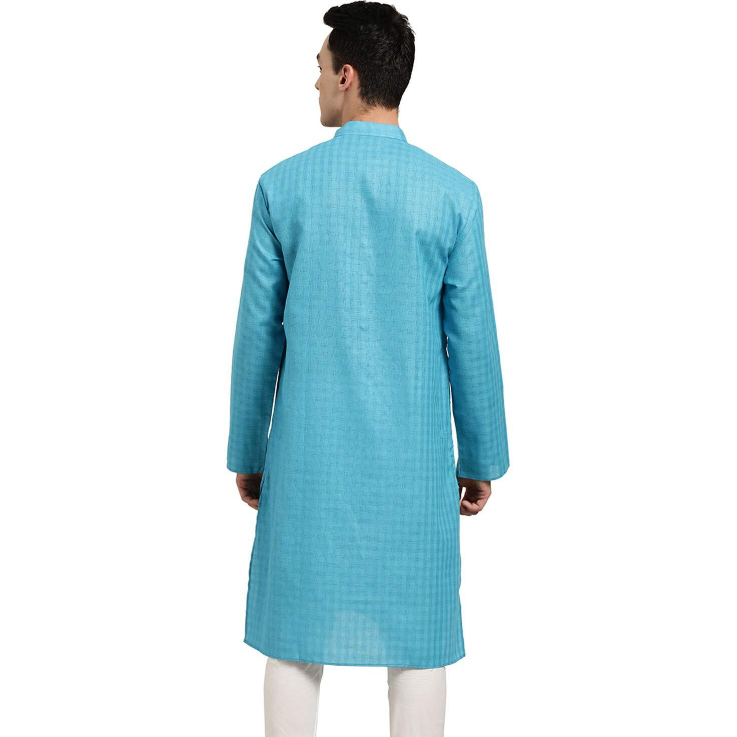 Sojanya (Since 1958 Men's Cotton Linen Peacock Blue Checked Only Long Kurta Size 36