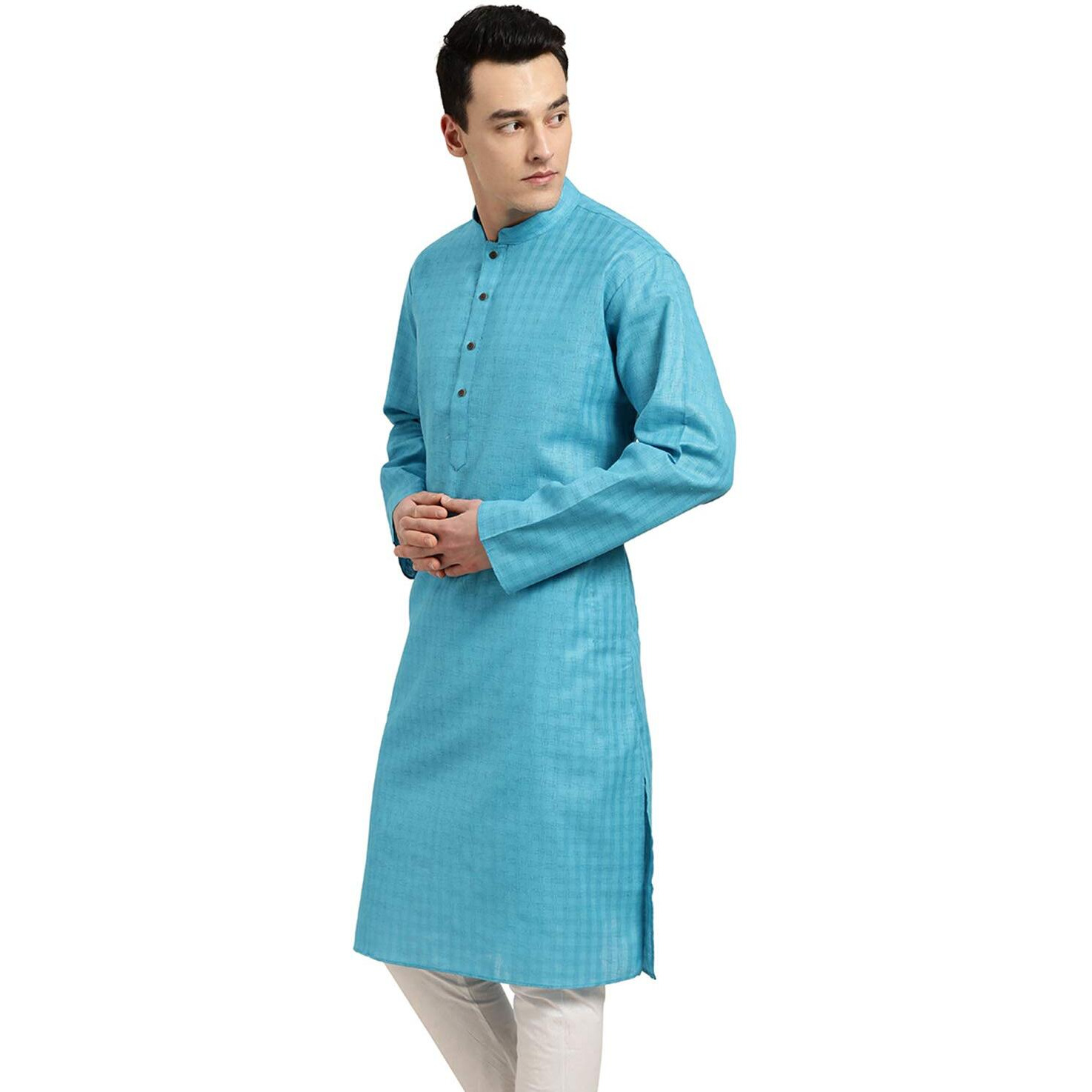 Sojanya (Since 1958 Men's Cotton Linen Peacock Blue Checked Only Long Kurta Size 36