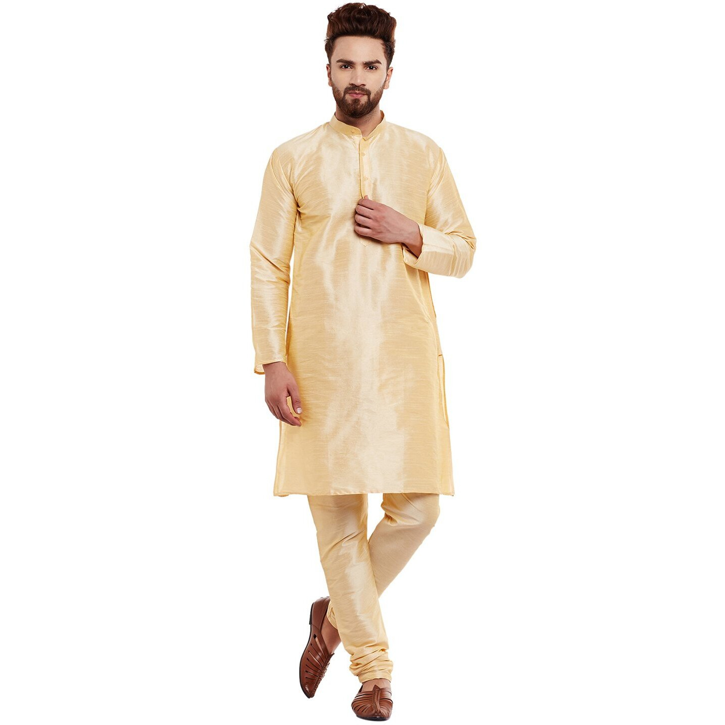 Sojanya (Since 1958 Men's Gold Silk Blend Kurta & Churidaar Pyjama Set Size Xl